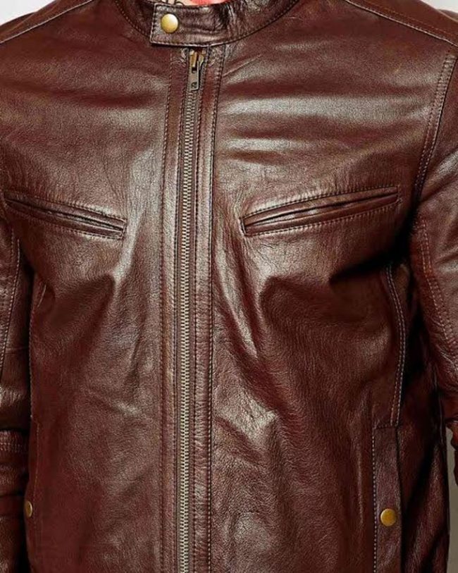 DanCarlo Dark Brown Leather Biker Jacket For Men close up